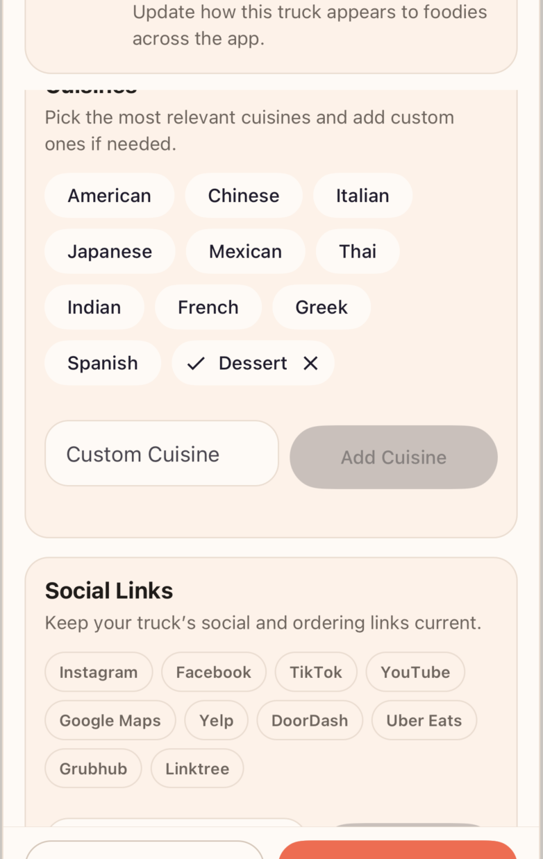 Truck profile editing form