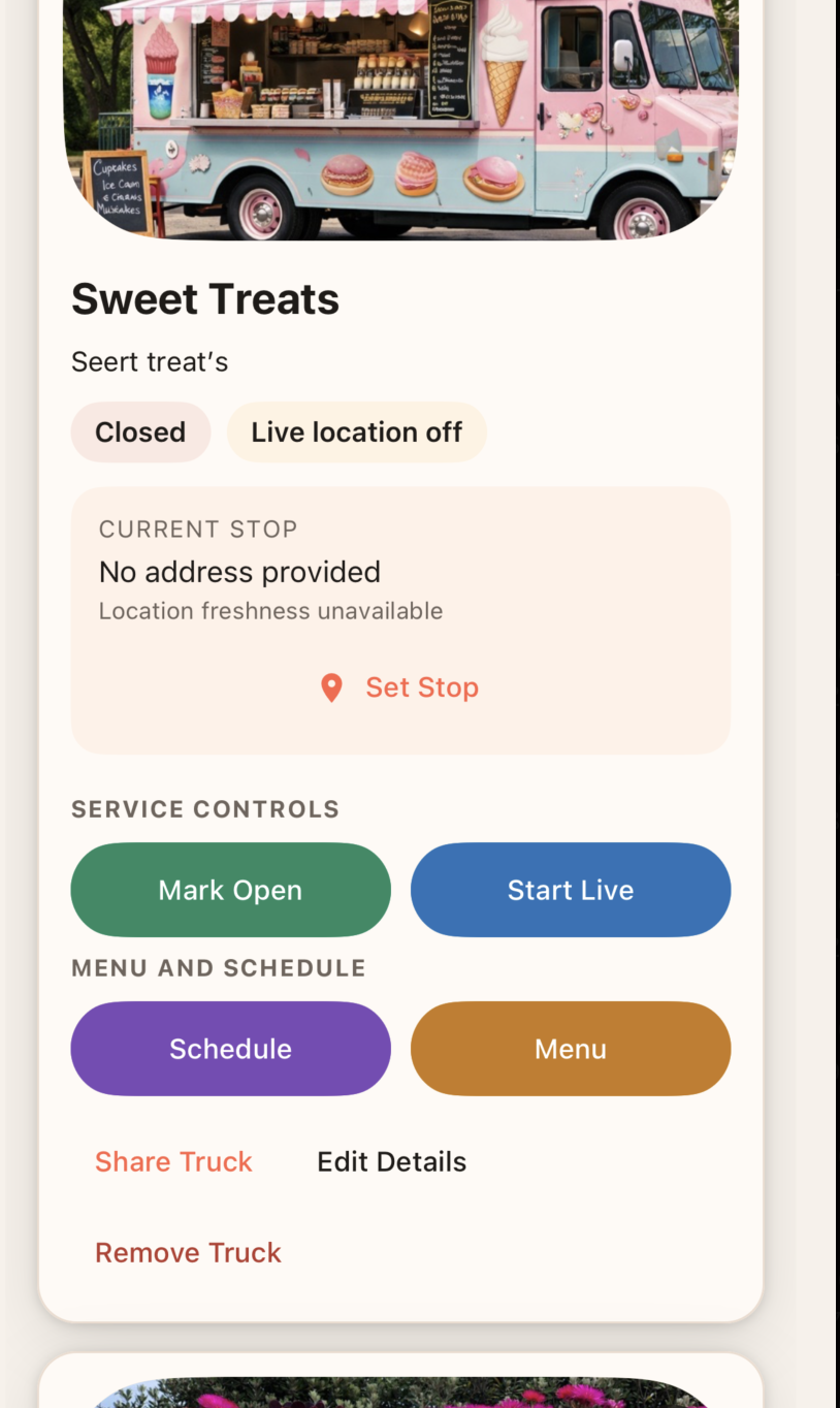 Food Truck Finder Owner app showing truck profile management tools